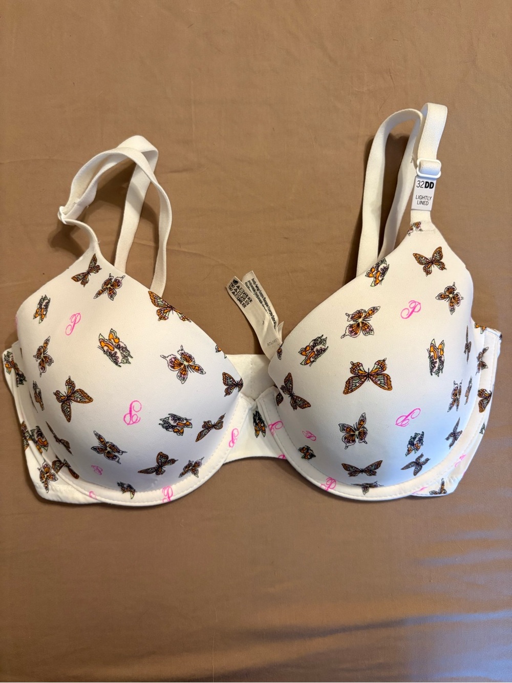 Victoria's Secret White Butterfly Print T-Shirt Bra with Pink Accents